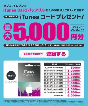 セブン-イレブン、iTunes Card バリアブル購入額に対してiTunesコードをプレゼントする「iTunes Cardキャンペーン」を開始