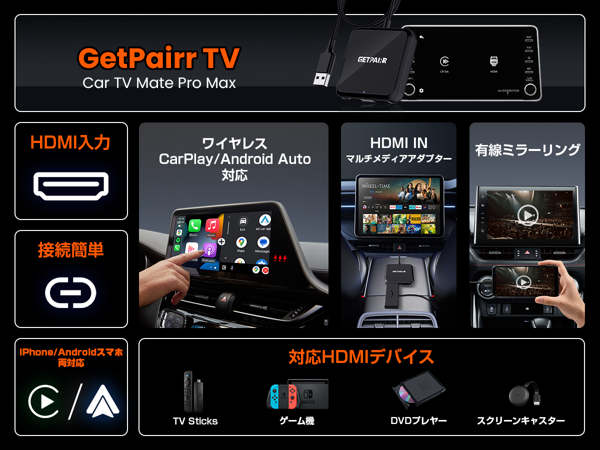 車内を“テレビ化”】HDMI入力・ワイヤレスCarPlay/Android Auto・有線