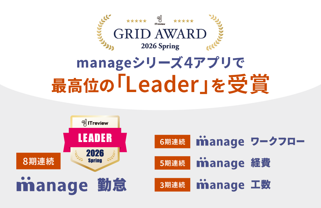 ITreview Grid Award 2026 Springにて「manage」シリーズ4アプリが最高 ITreview Grid Award 2026 Springにて「manage」シリーズ4アプリが最高