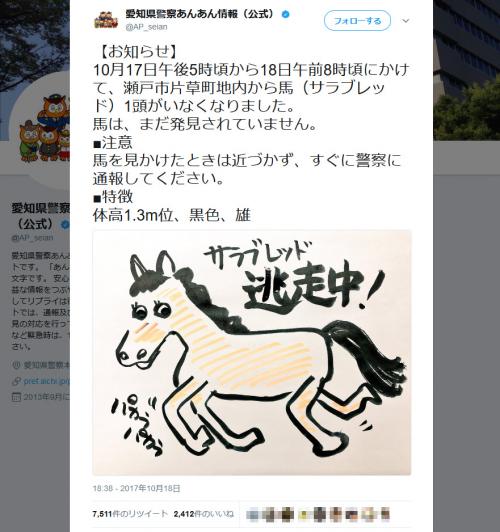 愛知県警察あんあん情報 サラブレッド逃走中 パカラパカラ イラストつきのツイートが話題に 17年10月19日 エキサイトニュース