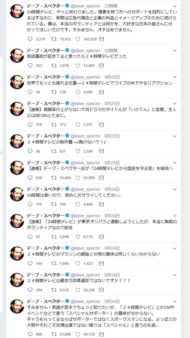 放送事故が起きてると思ったら24時間テレビだった デーブ スペクターさんがツイート連発 19年8月26日 エキサイトニュース