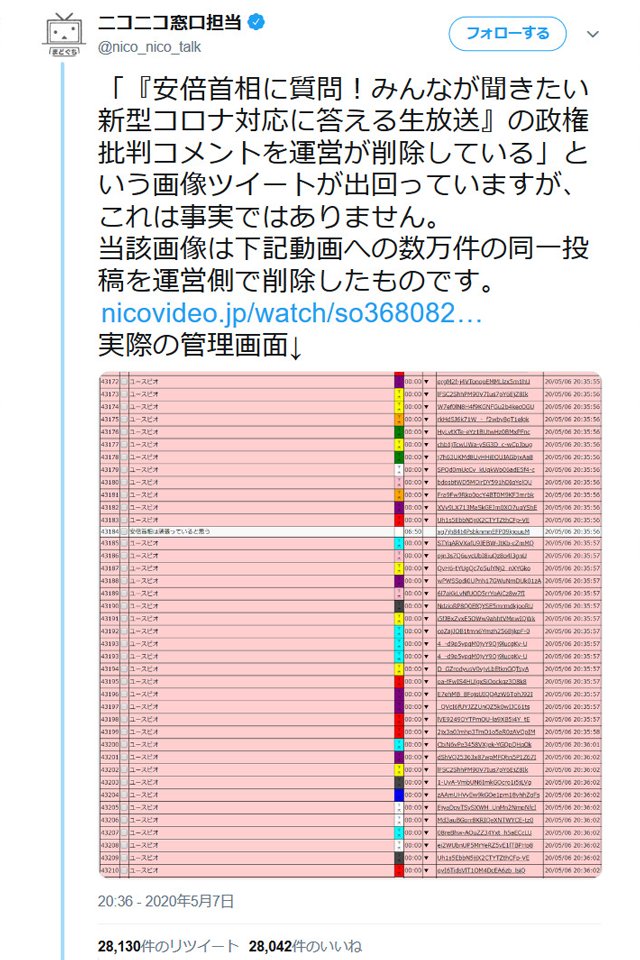 安倍晋三首相ニコ生の政権批判コメントを運営が削除という画像ツイートについて ニコニコが 事実ではありません と否定 年5月8日 エキサイトニュース