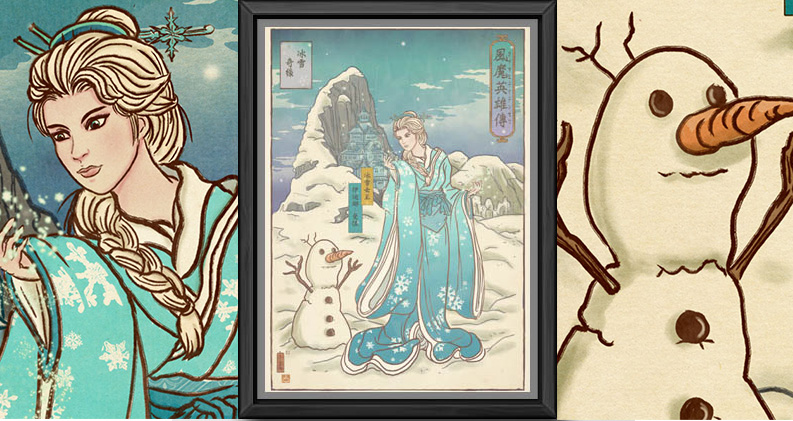 エルサが着物 アナと雪の女王 のエルサとオラフを浮世絵風に描いた海外作品がおもしろ 16年7月8日 エキサイトニュース