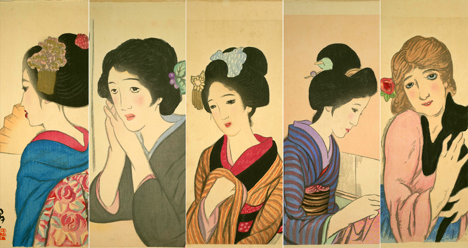 竹久夢二 木版画 加茂の露台 舞妓 着物美人 大正ロマン 絵画情報｜