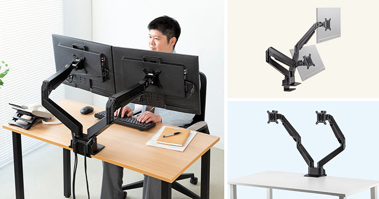 ディスプレイ2枚、ディスプレイアーム（2枚設置可能）1個 左右2面のモニターを設置可能 「水平垂直多関節液晶モニターアーム」で