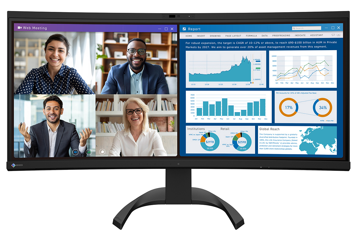 EIZO、同社初のWebカメラとマイクを内蔵した34.1型の湾曲ディスプレイ