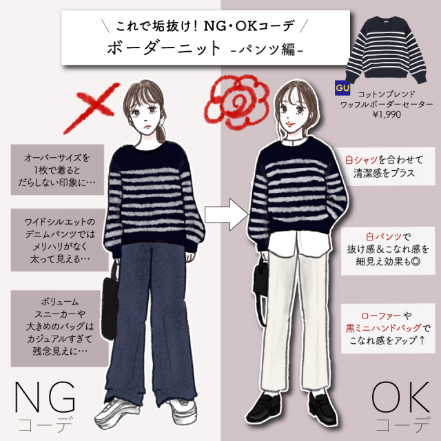 Gu新作ニットはどう着るのが正解 ボーダーニットのやりがちng 垢抜けokコーデ術 ローリエプレス
