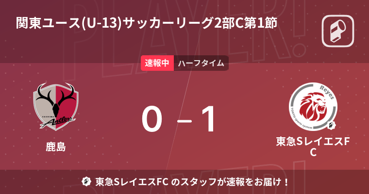 速報中 鹿島vs東急sレイエスfcは 東急sレイエスfcが1点リードで前半を折り返す 22年5月22日 エキサイトニュース