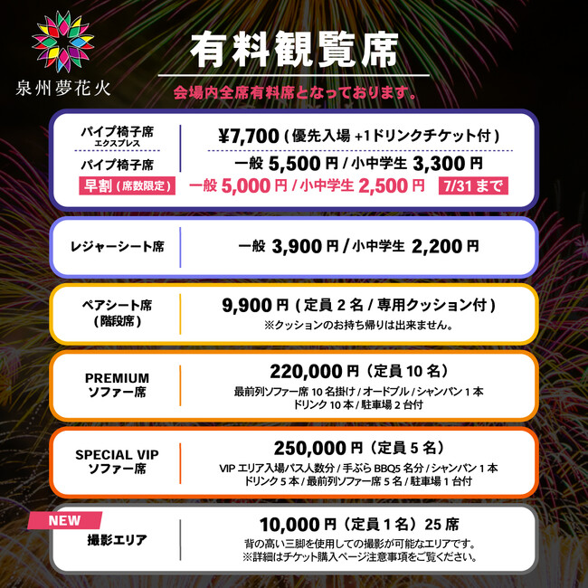 大阪泉南】泉州夢花火 楽天チケットにて各席種先行販売開始！お得な 