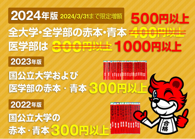 赤本買取キャンペーンが期間限定で増額！2024年版赤本は500円以上、医学部は1000円以上に！ (2024年2月11日) - エキサイトニュース