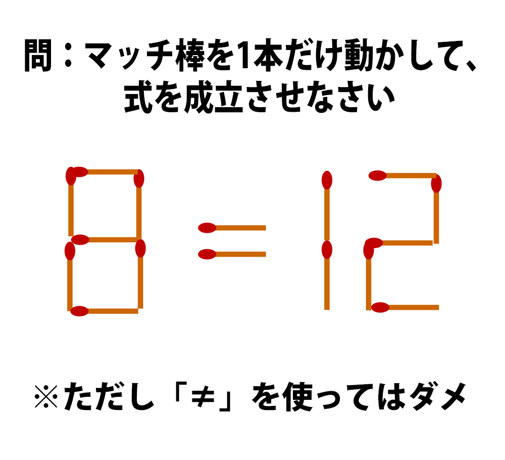 頭の体操クイズ 8 12 マッチ棒1本を動かして正しい式にしてください ただし は使っちゃダメ 16年3月25日 エキサイトニュース