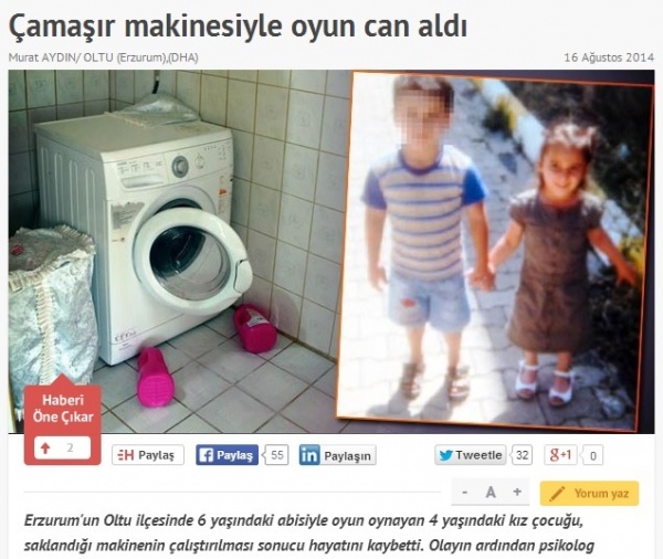 洗濯機の中に隠れた妹 6歳兄がスイッチを入れて死亡させる トルコ 14年8月17日 エキサイトニュース