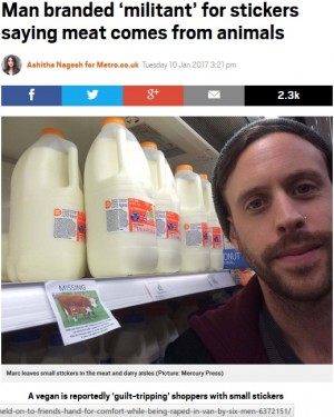 肉を食べる人たちへ ステッカーをスーパーに貼り抗議するヴィーガン男性に賛否両論 英 2017年1月18日 エキサイトニュース