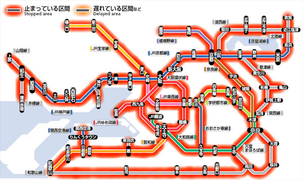 台風で真っ赤に染まった京阪神の路線図 (2014年10月13日) - エキサイトニュース