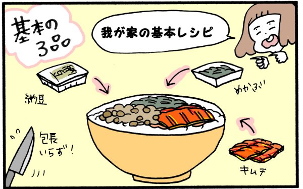 我が家の基本のレシピは、納豆、めかぶ、キムチの基本の3品。包丁いらず！