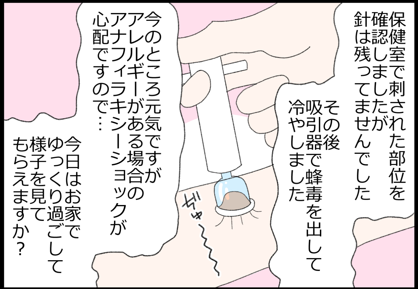 保健の先生がしてくれた処置について説明を受け、アナフィラキーショックが心配なので今日は家で様子を見てほしいと言われました。