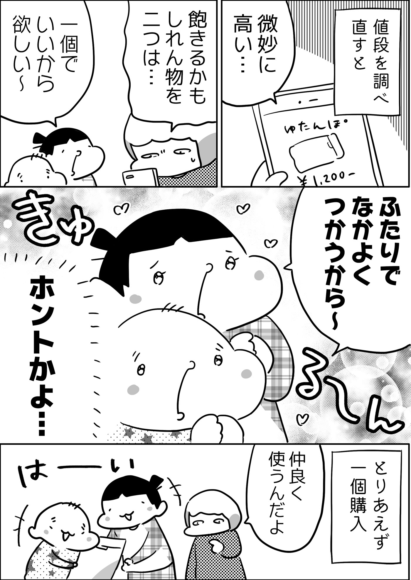 ほしいと言うので値段を調べると、微妙に高い…。渋っていると、子どもたちが「なかよくつかうから～」とアピール。